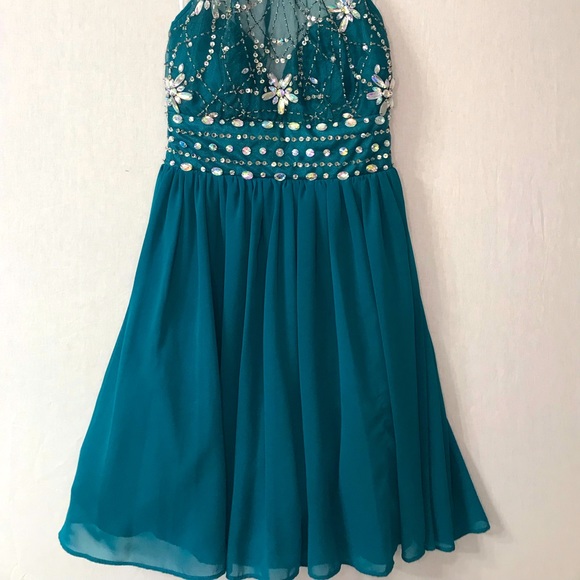 Charming Jeweled Cocktail Halter Dress -Teal - Picture 1 of 6